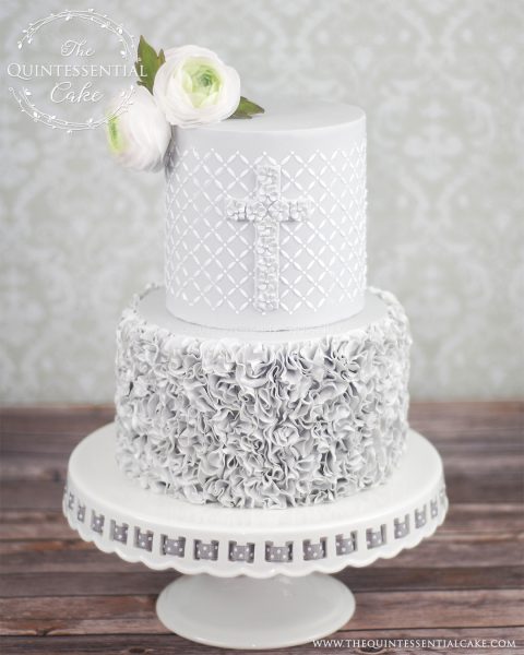 Grey Ruffles Christening Cake | The Quintessential Cake | Chicago | Custom Cakes