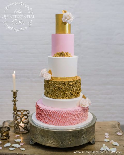 Pink & Gold Wedding Cake with Gold Bas Relief, Ruffles & Sugar Roses | The Quintessential Cake | Chicago | Luxury Wedding Cakes | Chez