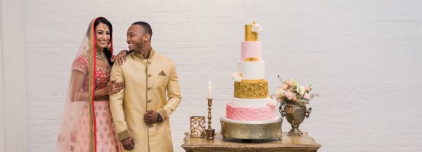 Pink & Gold Wedding Cake with Gold Bas Relief, Ruffles & Sugar Roses | The Quintessential Cake | Chicago | Luxury Wedding Cakes | Chez