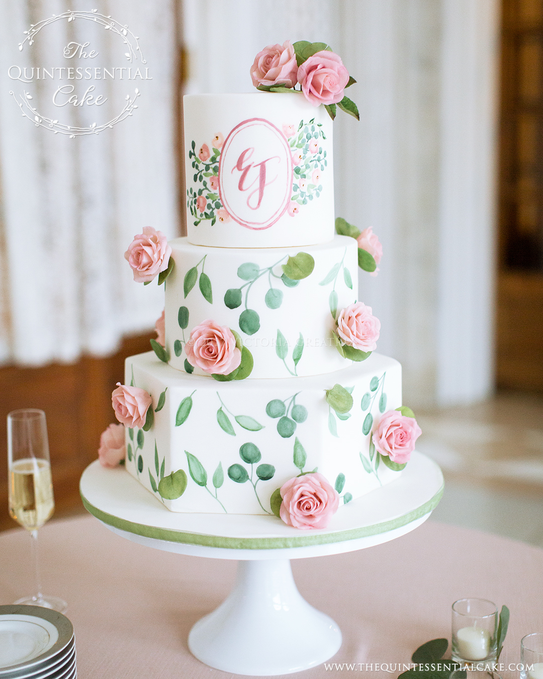 Hand Painted Cake with Sugar Roses | The Quintessential Cake | Chicago | Luxury Wedding Cakes | The Armour House