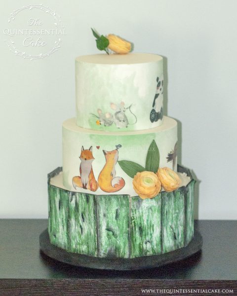 Baby Shower Cake with Hand Painted Animals and Bark Effect | The Quintessential Cake | Chicago | Luxury Wedding Cakes