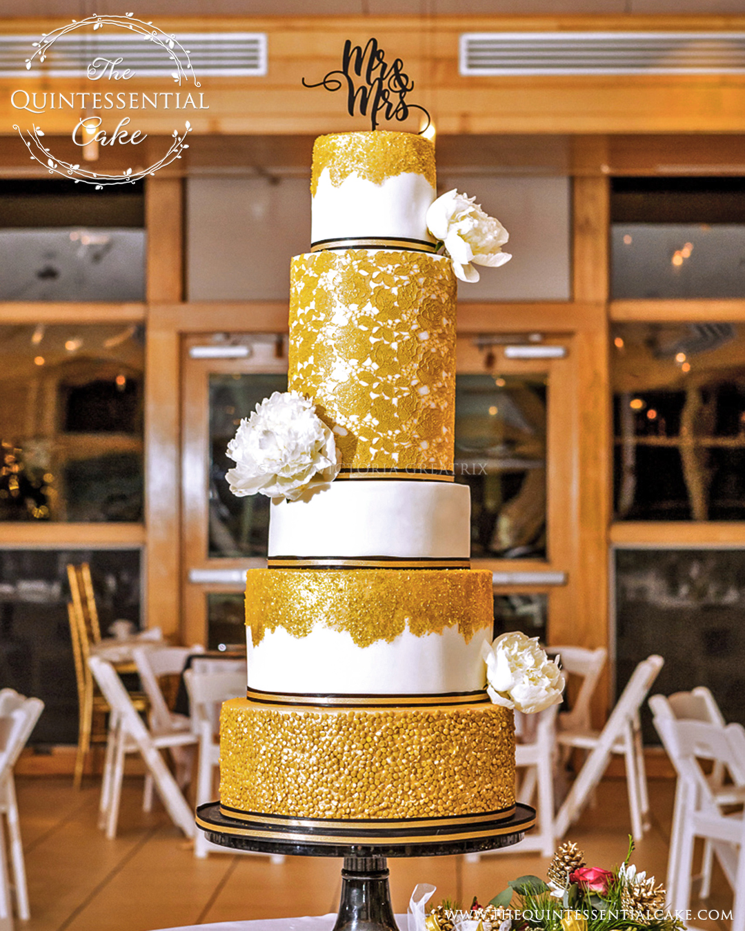 Wedding Cake featuring Gold Sugar Lace, Sequins and Glitter | The Quintessential Cake | Chicago | Luxury Wedding Cakes | Danada House