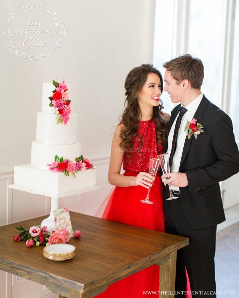 Romantic Wedding Cake featuring Sugar Lace with Pink & Red Sugar Flowers | The Quintessential Cake | Chicago | Luxury Wedding Cakes | Chicago Illuminating Company
