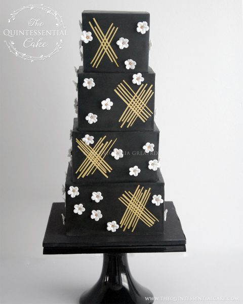 TQC Black Geometric with White Blossoms | The Quintessential Cake | Chicago | Luxury Wedding Cakes | Moreton Arboretum