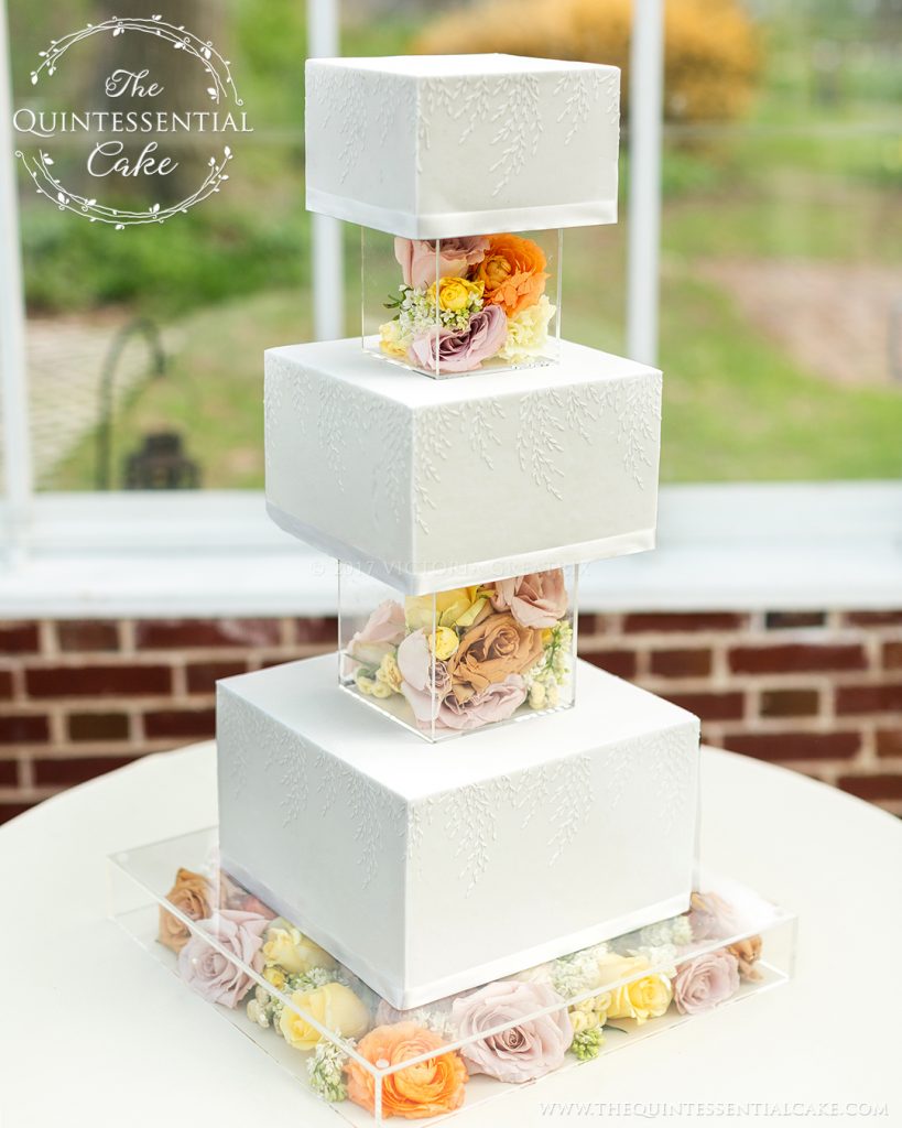 TQC Square Cake with Acrylic Risers & Fresh Flowers The