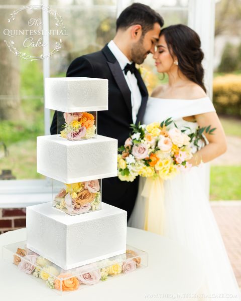 TQC Square Cake with Acrylic Risers & Fresh Flowers | The Quintessential Cake | Chicago | Luxury Wedding Cakes | The Cheney Mansion |