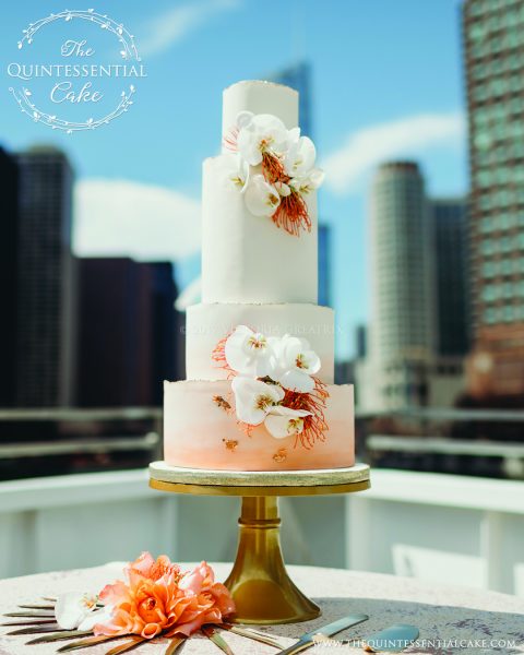 TQC Orange Water Color & Orchid Wedding Cake | The Quintessential Cake | Chicago | Luxury Wedding Cakes | The Odyssey | Chicago Style Weddings Designer's Challenge | Chicago River