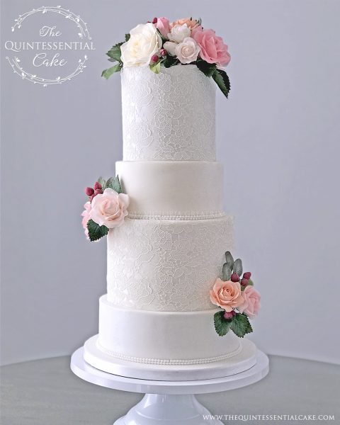 TQC Damask Lace Wedding Cake | The Quintessential Cake | Chicago | Luxury Wedding Cakes | Lake Ellyn Boathouse | Glen Ellyn