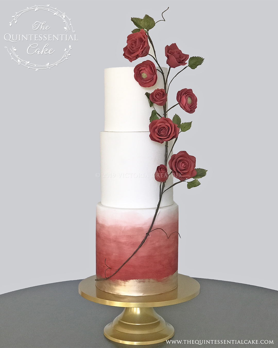 TQC Red Watercolor & Rose Vine Wedding Cake | The Quintessential Cake | Luxury Wedding Cakes | Chicago | Hotel Baker | St Charles