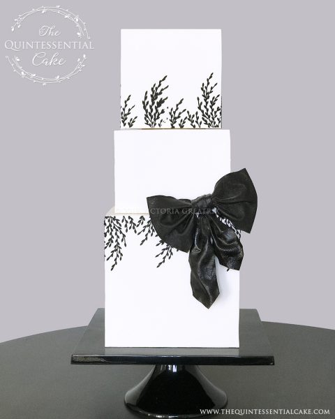 TQC Square Wedding Cake with Black Bow | The Quintessential Cake | Luxury Wedding Cakes | Chicago | Hotel Baker | St Charles