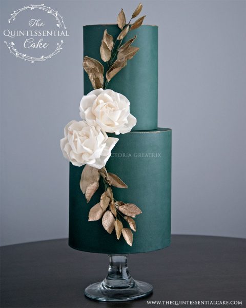 TQC Green Wedding Cake with Burnished Gold Accents and Wafer Paper Flowers | The Quintessential Cake | Chicago | Luxury Wedding Cakes