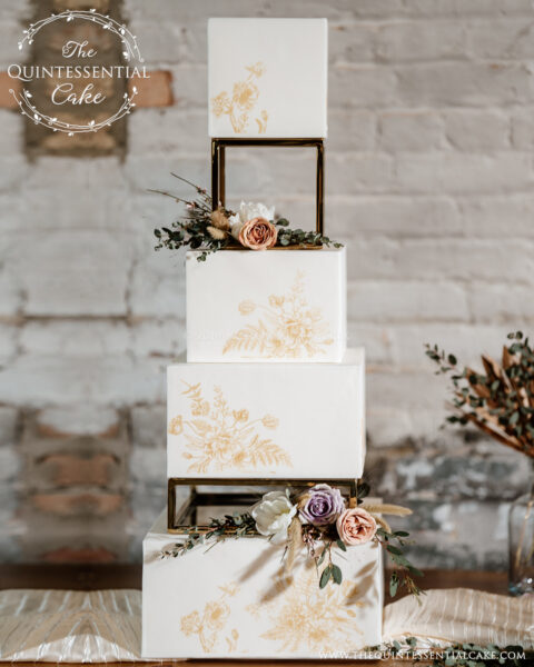 Gold Stenciled Cake with Risers | The Quintessential Cake | Wheaton | Chicago | Wedding Cakes | Sanctuary Events | Plainfield | Millennium Moments Photography