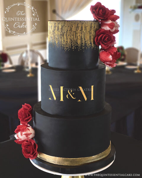 Black & Gold Wedding Cake with Sugar Roses and Tulips | The Quintessential Cake | Wheaton | St Charles Country Club | St Charles
